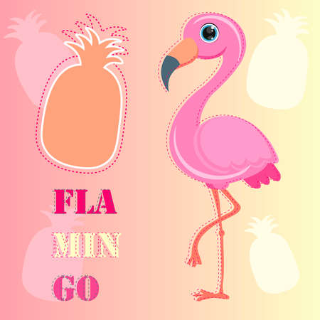 Cute cartoon flamingo with pineapple isolated on white background illustration vector.のイラスト素材