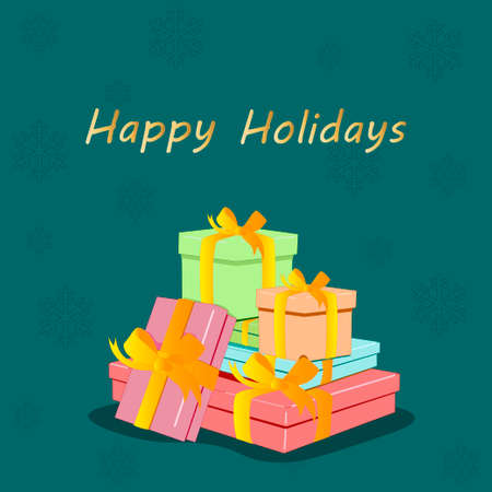 Happy Holidays.Gif boxes.Red background. Perfect for greeting cards, party invitations, posters, stickers, pin, scrapbooking, icons. Vector illustration.Merry Christmas & Happy New Yearのイラスト素材