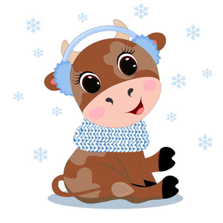 Vector illustration cute little bull. Perfect for greeting cards, party invitations, posters, stickers, pin, scrapbooking, icons. Vector illustration. Merry Christmas & Happy New Yearのイラスト素材