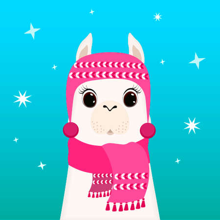 Lama winter illustration, cute design for nursery, poster, Merry christmas, birthday greeting cardのイラスト素材