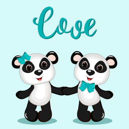 Two little cute pandas. Perfect for greeting cards, party invitations, posters, stickers, pin, scrapbooking, icons. Vector illustration.のイラスト素材
