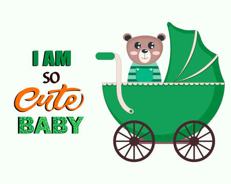 Cartoon cute baby bear.White background. Lettering.Perfect for greeting cards, party invitations, posters, stickers, pin, scrapbooking, icons. Vector illustration.のイラスト素材