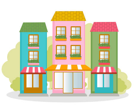 A cute illustrations, a pink cafe house, a street cafe, a blue house with windows and a green house with windowsのイラスト素材