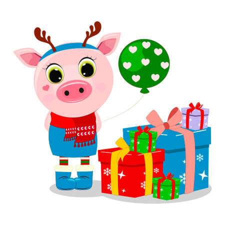 Merry Christmas. Pig girl with balloon. New Year greeting card, gift, holiday. Perfect for greeting cards, party invitations, posters, stickers, pin, scrapbooking, icons.のイラスト素材