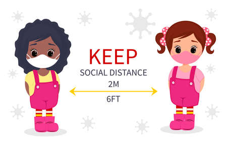 Keep your distance for infection risk and disease, wearing medical mask for prevent virus Covid-19 Coronavirus. With children cartoon characters vector illustration.のイラスト素材