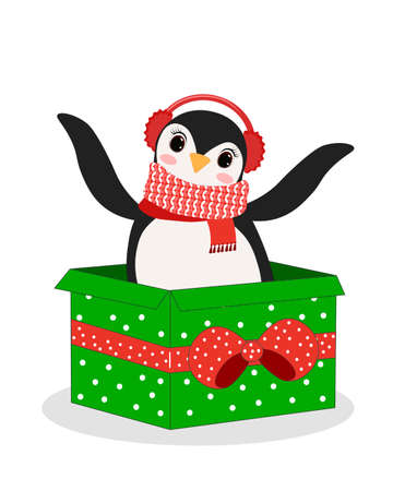 vector cute cartoon penguin. Vector illustration. Perfect for greeting cards, party invitations, posters, stickers, pin, scrapbooking, icons.Christmas giftのイラスト素材