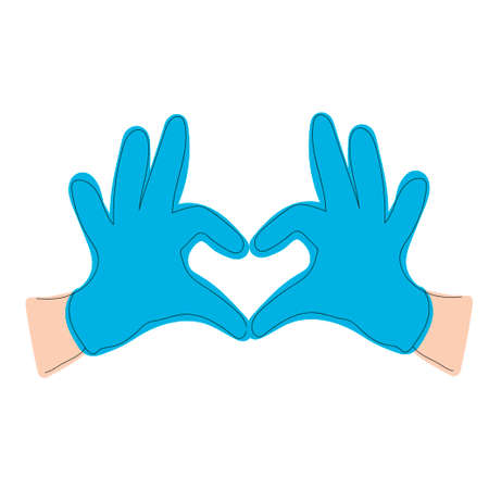 Vector illustration continuous line drawing. Logo, icon, label. Hands in latex glove shows the symbol of the heart. Love our medical professionalsのイラスト素材