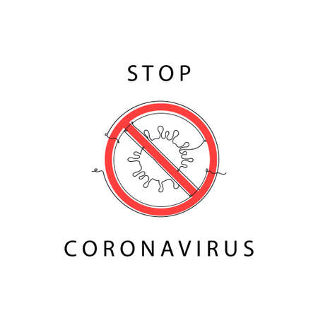 Stop coronavirus red icon one line drawing, in continuous line drawing style vector illustration on white backgroundのイラスト素材