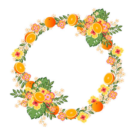 Botanical wedding invitation card, vintage, template frame design of orange, citrus fruit, flowers and leaves, blossom illustration. Vector trendy cover, graphic poster, brochureのイラスト素材