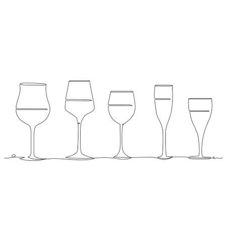 Different types glasses drink - one line drawing. Vector illustration continuous line drawingのイラスト素材