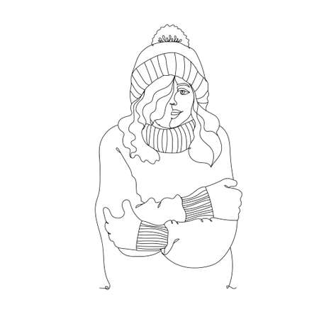 Cold weather. Cute girl winter style - one line drawing. Vector illustration continuous line drawingのイラスト素材