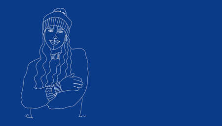 Banner blue. Woman in winter clothes - one line drawing. Vector illustration continuous line drawingのイラスト素材