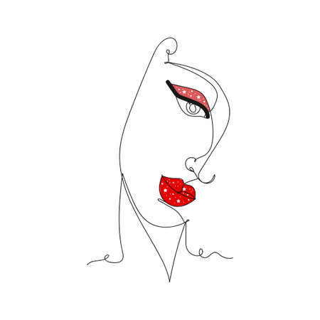 Beautiful woman fashion with red lips - one line drawing. Vector illustration continuous line drawingのイラスト素材