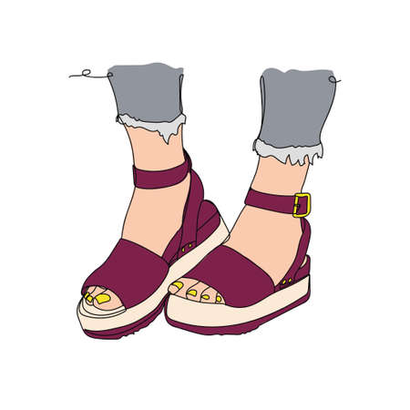Women purple shoes wedge - one line drawing. Vector illustration continuous line drawing. Use for print, surface design, fashion wear.のイラスト素材