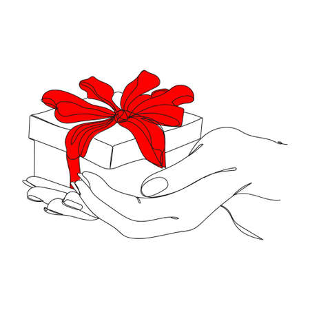 Hand with gift box. Christmas or birthday box- one line drawing. Vector illustration continuous line drawing.Red ribbonのイラスト素材