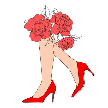 Red shoes. Legs high with flowers - one line drawing. Vector illustration continuous line drawing.のイラスト素材