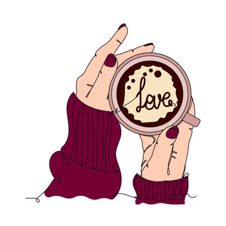 Hot drink with hands. One line drawing. Vector illustration continuous line drawing. Winter style.のイラスト素材