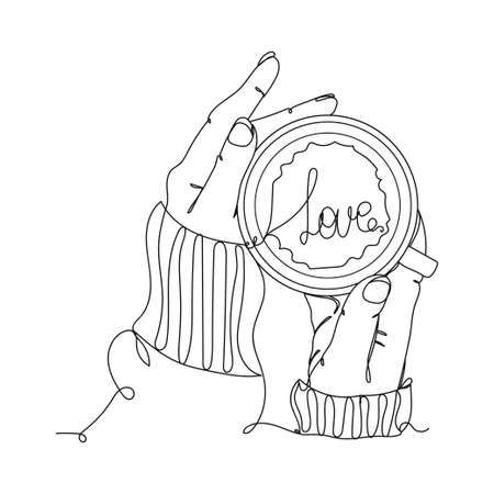Hot drink with hands. One line drawing. Vector illustration continuous line drawing. Winter style.のイラスト素材