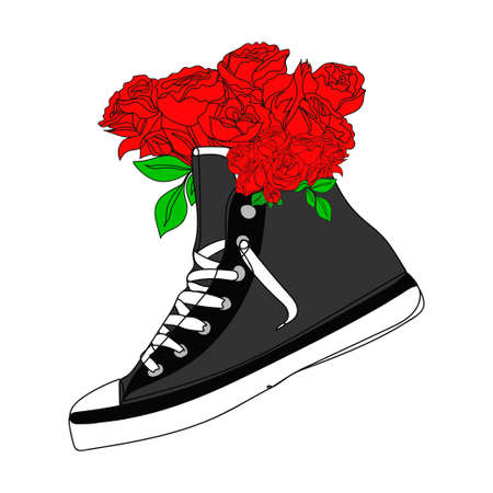 Vector concept modern black shoes with flowers. One line drawing. Vector illustration continuous line drawing. Fashion styleのイラスト素材