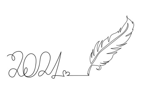 Bird feather concept with lettering 2021. Christmas greeting card. One line drawing. Vector illustration continuous line drawing. China New Yearのイラスト素材