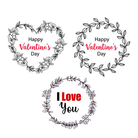 Continuous one line drawing wreath heart-shape. Vector set illustration perfect for greeting cards, party invitations, posters, stickers, clothing. Happy Valentines day concept. Set wreathsのイラスト素材