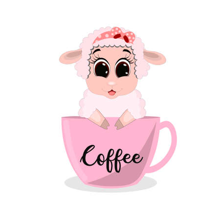 Cute baby pink sheep girl sitting in the mug. Vector illustration for baby shower, greeting card, party invitation, fashion clothes t-shirt print.のイラスト素材