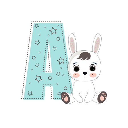 Letter A and a cute cartoon rabbit. Perfect for greeting cards, party invitations, posters, stickers, pin, scrapbooking, icons. Fashion styleのイラスト素材