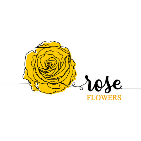 Continuous one line drawing silhouette and lettering of a rose. Yellow flower concept. Vector illustration isolated on the white background.のイラスト素材