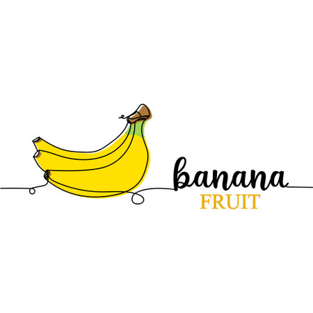 Continuous one line drawing silhouette and lettering of a banana. Fruit concept. Vector illustration isolated on the white background.のイラスト素材