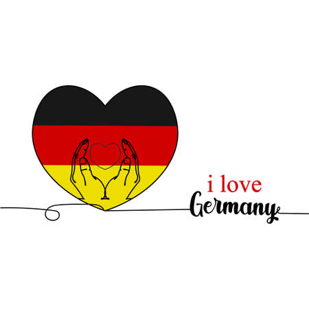 Continuous one line drawing silhouette of a heart with flag Germany. Vector illustration isolated on the white background. I love Germany - textのイラスト素材