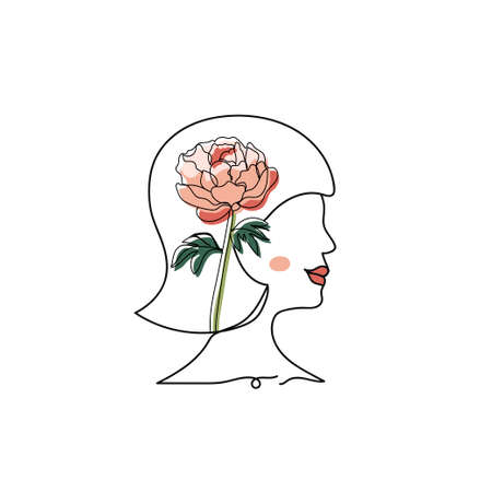 Continuous one line of abstract woman with short hair and flower. Minimal style. Perfect for cards, party invitations, posters, stickers, clothing. Beauty concept.のイラスト素材
