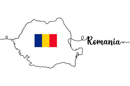 Continuous one line of map of Romania with flag. Minimal style. Perfect for cards, party invitations, posters, stickers, clothing.のイラスト素材
