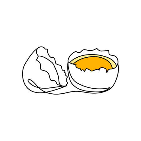 Continuous one line of broken egg in silhouette. Minimal style. Perfect for cards, party invitations, posters, stickers, clothing. Food conceptのイラスト素材