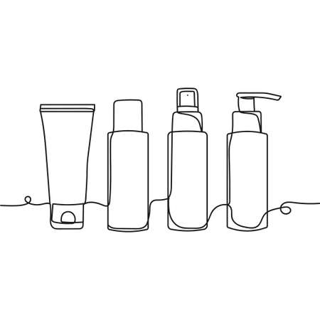 Continuous one line of blank cosmetics packaging mockup tube in silhouette. Minimal style. Perfect for cards, party invitations, posters, stickers, clothing. Black abstract icon.のイラスト素材