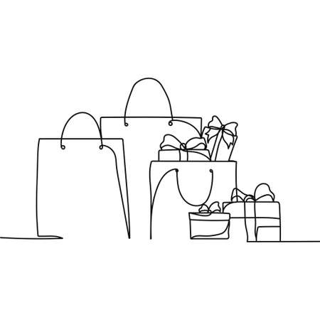 Continuous one line of paper bag and gift boxes in silhouette. Minimal style. Perfect for cards, party invitations, posters, stickers, clothing. Black abstract icon. Christmas or birthday shoppingのイラスト素材