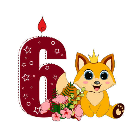 Cute baby princess fox with number six. Vector illustration for baby shower, greeting card, party invitation, fashion clothes t-shirt print. Happy birthday conceptのイラスト素材