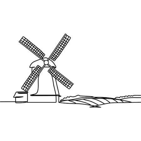 Continuous one line of windmill in the field countryside in silhouette. Minimal style. Perfect for cards, party invitations, posters, stickers, clothing. Black abstract icon. Farm conceptのイラスト素材