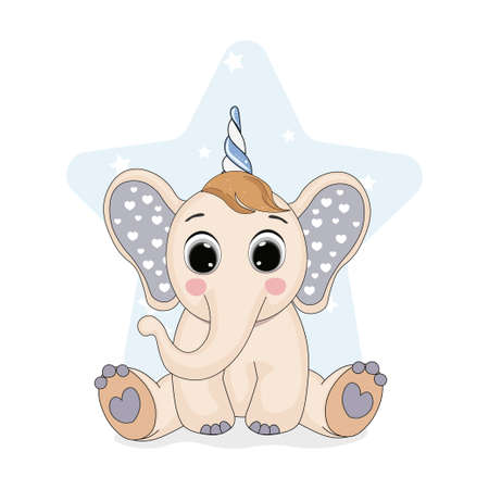 Cute cartoon elephant-unicorn baby boy vector illustration. Perfect for cards, party invitations, posters, stickers, kids clothing.のイラスト素材