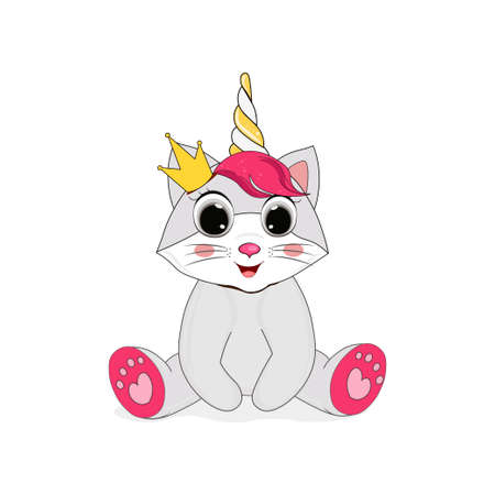 Cute cartoon cat-unicorn baby girl vector illustration. Perfect for cards, party invitations, posters, stickers, kids clothing.のイラスト素材
