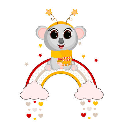 Cute cartoon animal koala with on the rainbow. Vector illustration. Perfect for greeting cards, party invitations, posters, stickers, kids clothing.のイラスト素材