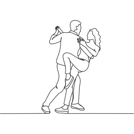 Continuous one line of cute young couple dancing in silhouette. Minimal style. Perfect for cards, party invitations, posters, stickers, clothing.のイラスト素材