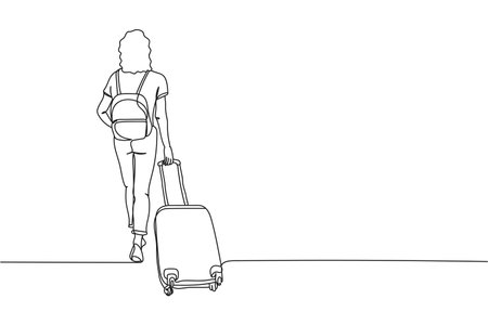 Continuous one line of back view of female tourist in silhouette. Linear stylized. Minimalist.のイラスト素材