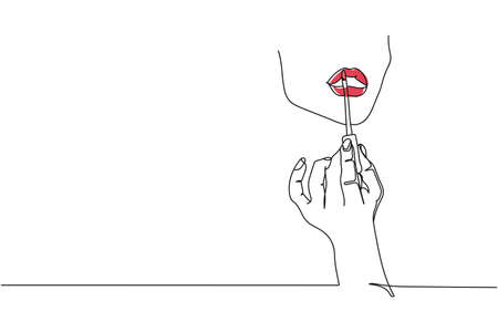 Continuous one line of beautiful woman hand dyes her lips lipstick in silhouette. Linear stylized.Minimalist. Cosmetics conceptのイラスト素材
