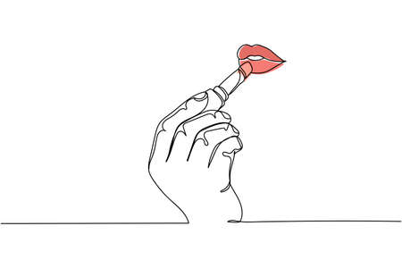 Continuous one line of girl apply pomade or lipstick in silhouette. Linear stylized.Minimalist.のイラスト素材