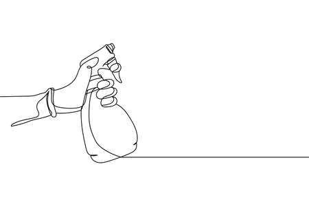 Continuous one line of gloved hand holds a bottle of antiseptic spray antibacterial liquid in silhouette. Linear stylized.Minimalist.のイラスト素材