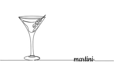 Continuous one line of alcoholic cocktail in martini glass in silhouette. Linear stylized.Minimalist.のイラスト素材
