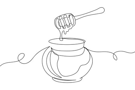 Continuous one line of glass pot full of honey and honey dipper in silhouette. Linear stylized.Minimalist.のイラスト素材