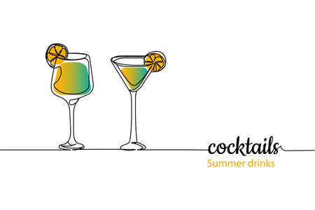 Continuous one line of two alcoholic or non alcoholic beverages cocktails in silhouette on a white background. Linear stylized.Minimalist. Summer drinksのイラスト素材