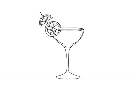 Continuous one line of alcoholic or non alcoholic cocktail in silhouette on a white background. Linear stylized.Minimalist.のイラスト素材