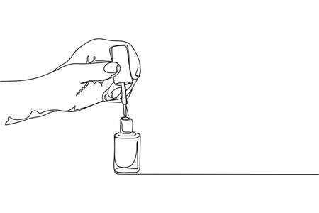 Continuous one line of nail polish in hand in silhouette on a white background. Linear stylized.Minimalist. Beauty healthのイラスト素材